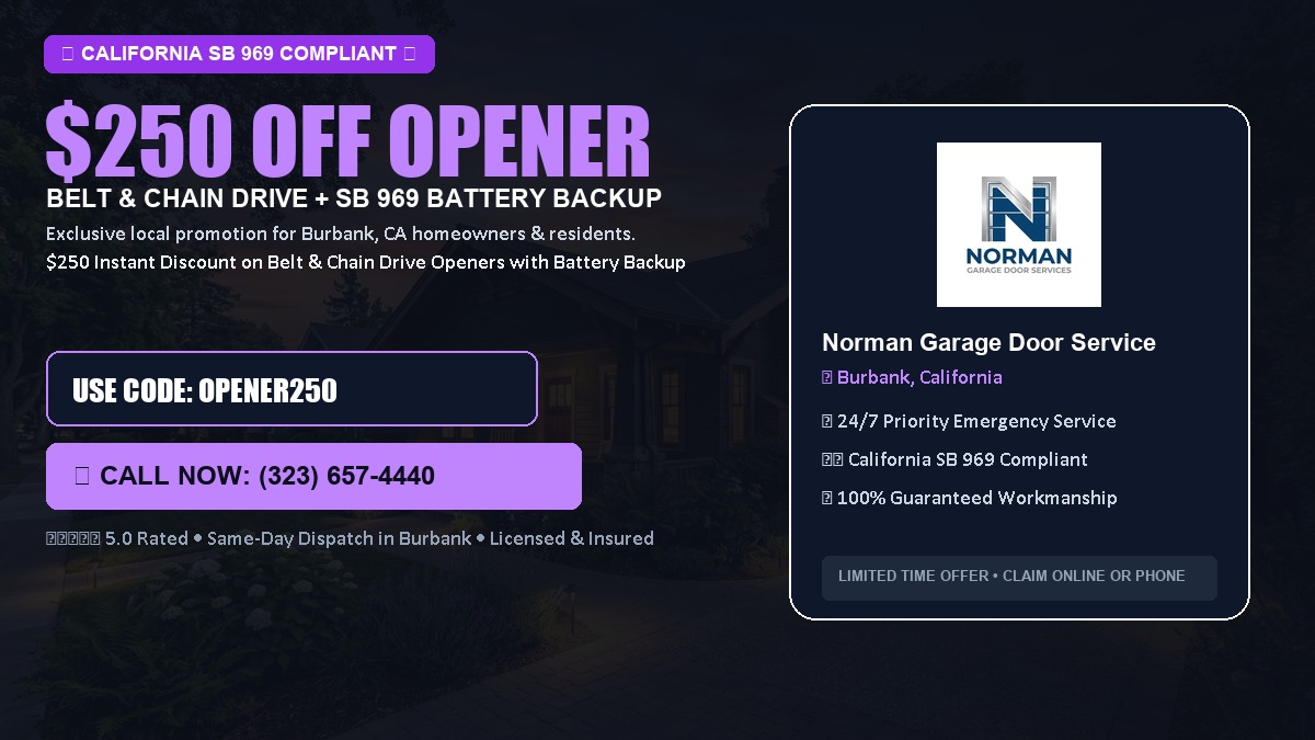 $250 OFF Smart Garage Door Opener Installation (Belt & Chain Drive with California SB 969 Battery Backup) in Burbank, CA